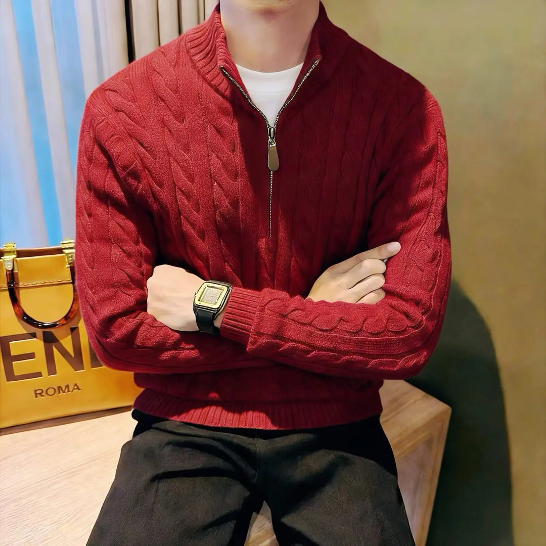 Classic men's navy zip-up cable knit sweater, a warm & stylish essential for fall & winter fashion.