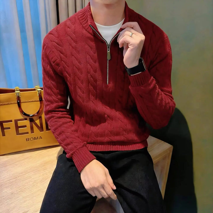 Full back view of a men's warm cable knit zip-up sweater, showing textured knit and relaxed fit.