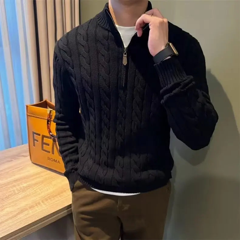 Comfortable men's zip-up cable knit sweater for everyday wear, providing warmth and classic style.
