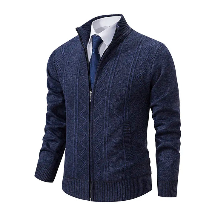 Men's zip-up knit cardigan sweater with a stylish stand collar, perfect for casual fall & winter layering.