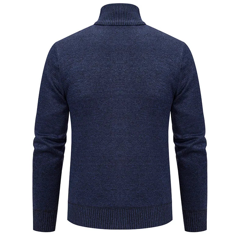 Warm men's knitwear cardigan sweater, full zip-up design and stand collar for a classic, comfortable look.