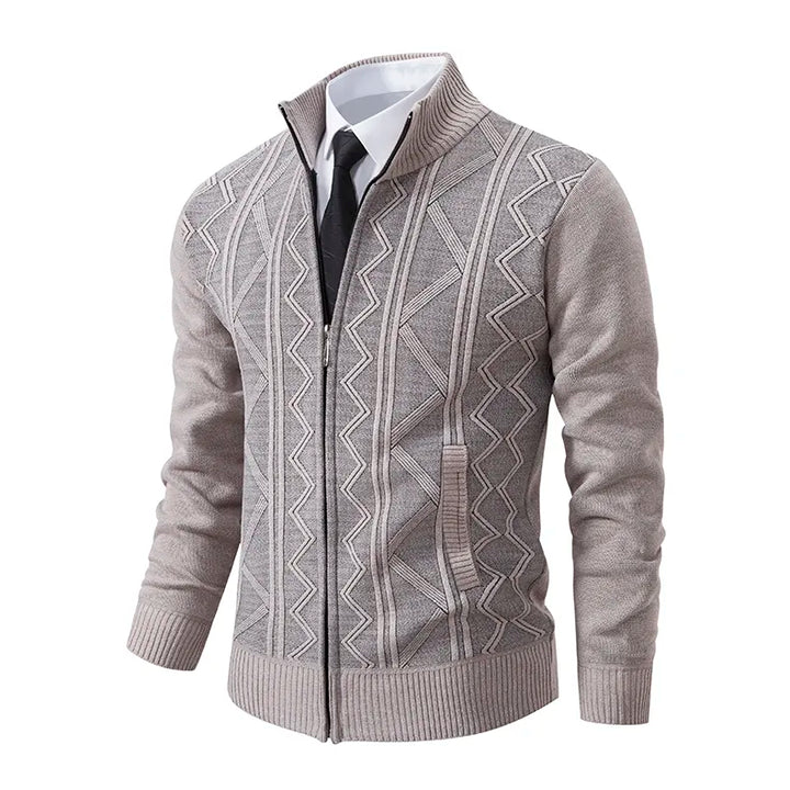 Casual men's zip-up cardigan sweater, ideal fall fashion and winter style outerwear with a stand collar.