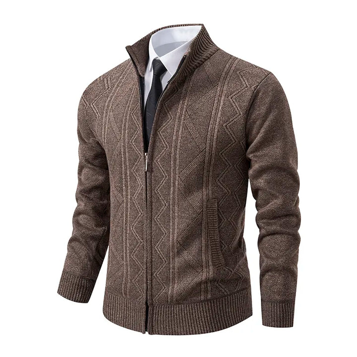 Man wearing a comfortable, warm zip-up cardigan sweater with a stand collar, showcasing its relaxed fit.