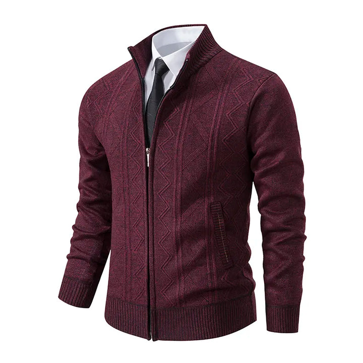 Close-up of a men's knit zip-up cardigan sweater, highlighting the stand collar and warm, durable fabric.