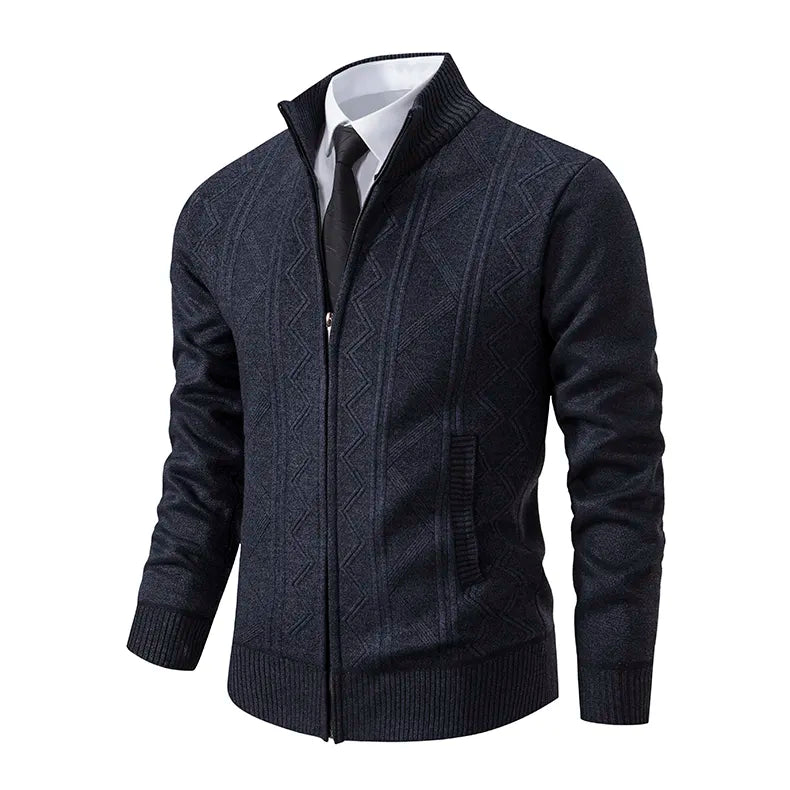 Versatile men's zip-up cardigan, stand collar sweater for easy layering in cold weather, casual style.