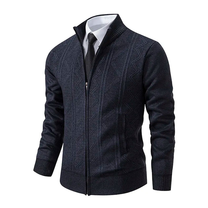 Versatile men's zip-up cardigan, stand collar sweater for easy layering in cold weather, casual style.