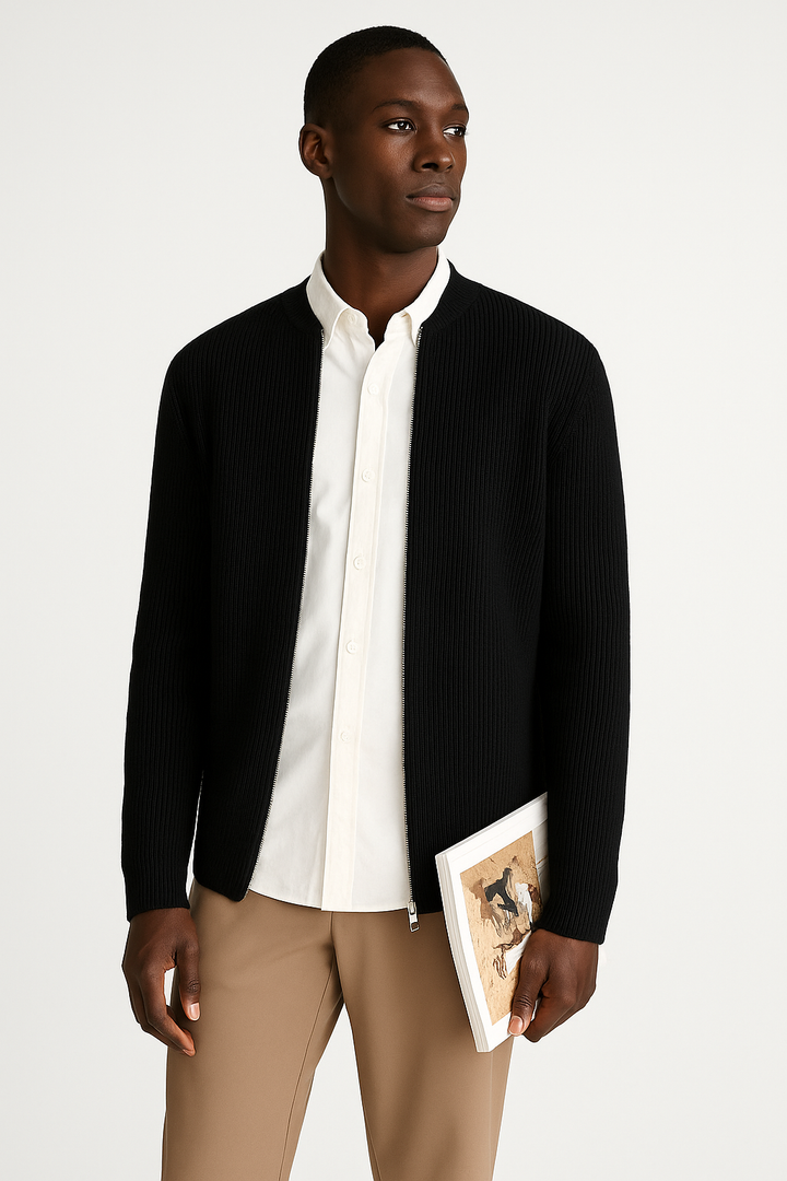Cozy men's long-sleeve ribbed zip-up sweater. Ideal layering piece for autumn & winter warmth and comfort.