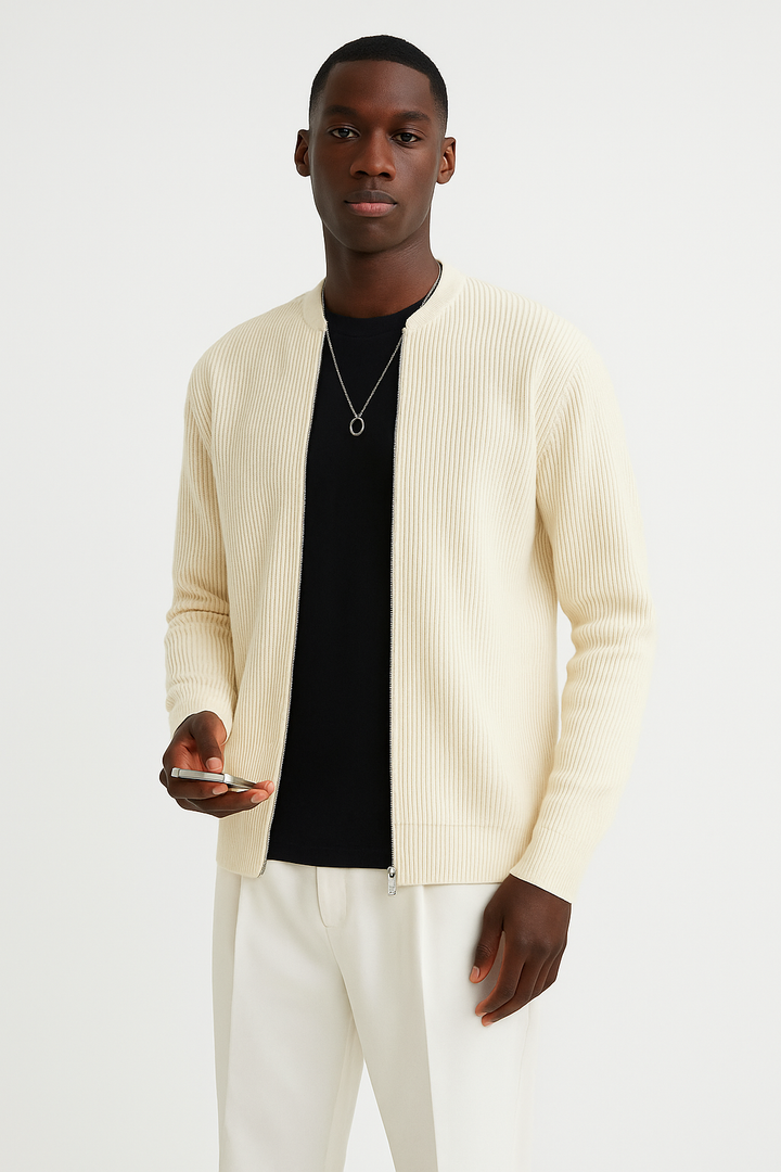 Stylish men's ribbed knit zip-up sweater. Stand collar design, perfect for modern men's fashion & comfort.