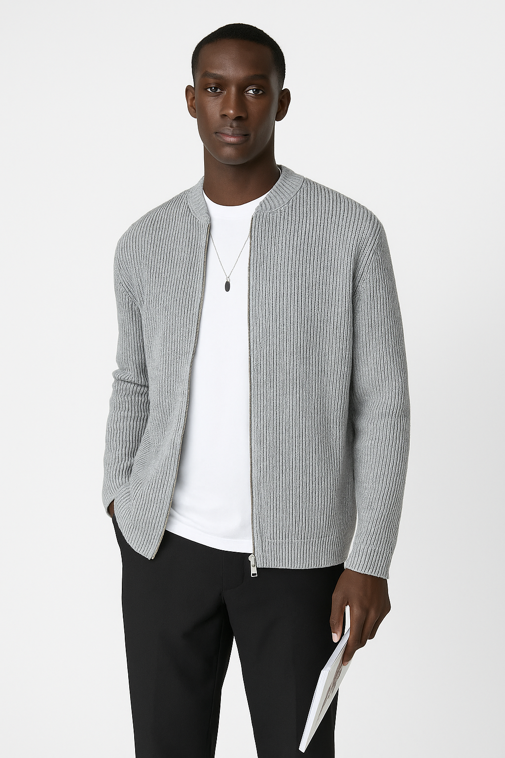 Versatile men's casual zip-up ribbed pullover. Great layering piece, offers warmth and style for any outfit.