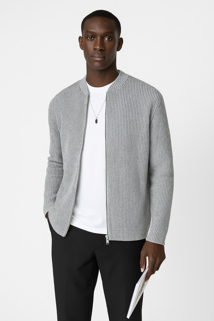Versatile men's casual zip-up ribbed pullover. Great layering piece, offers warmth and style for any outfit.