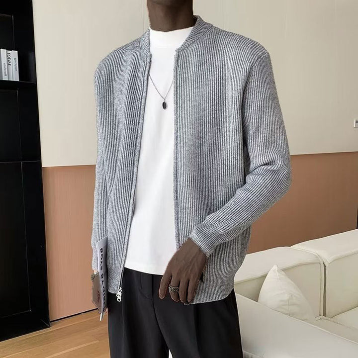 Modern men's long-sleeve ribbed zip-up sweater. Stylish comfort for men's autumn & winter fashion.