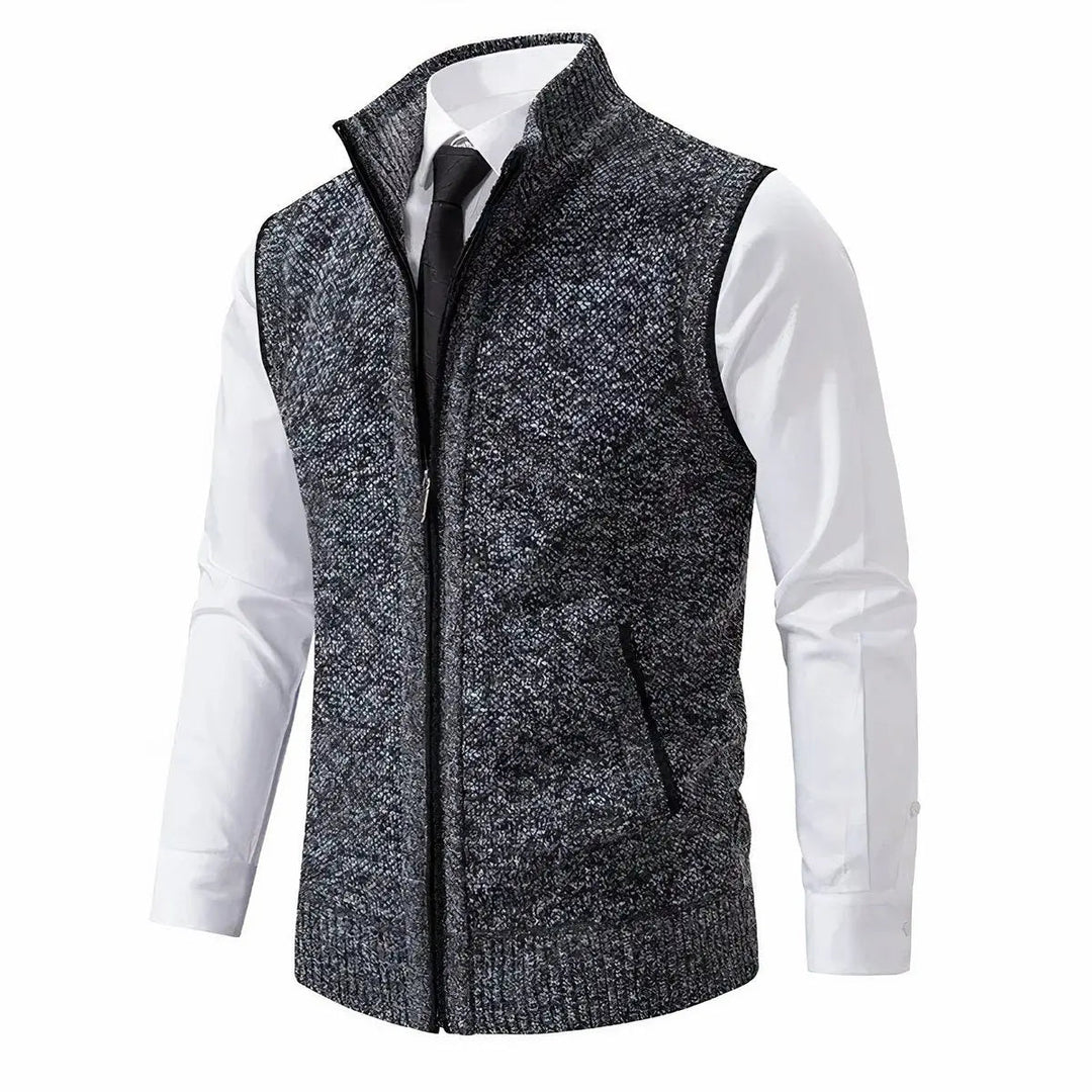 Men's zip-up sleeveless cardigan sweater vest in smart casual tailored fit, perfect for layering.