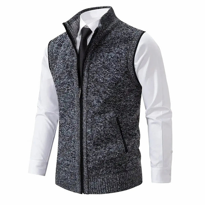 Men's zip-up sleeveless cardigan sweater vest in smart casual tailored fit, perfect for layering.