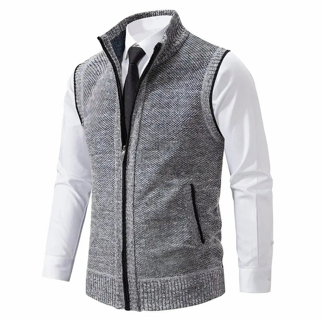 Stylish men's knit zip-up sweater vest, a sleeveless cardigan ideal for smart casual office wear.