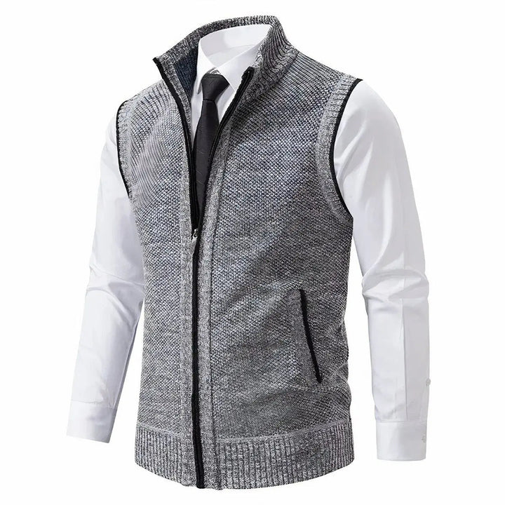Stylish men's knit zip-up sweater vest, a sleeveless cardigan ideal for smart casual office wear.