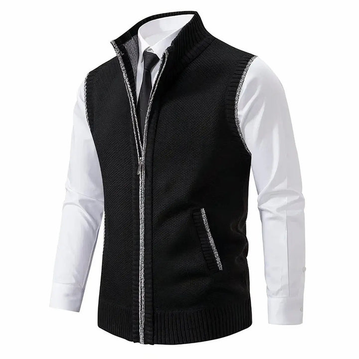 Tailored men's zip-up sweater vest, a sleek sleeveless cardigan for polished smart casual or office outfits.