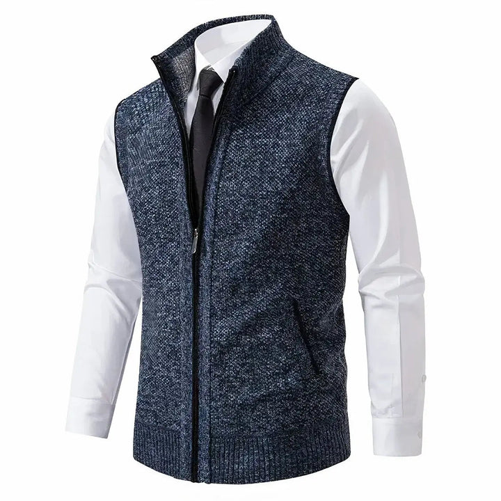 Sophisticated men's sleeveless zip sweater vest, great for smart casual wear and versatile layering.