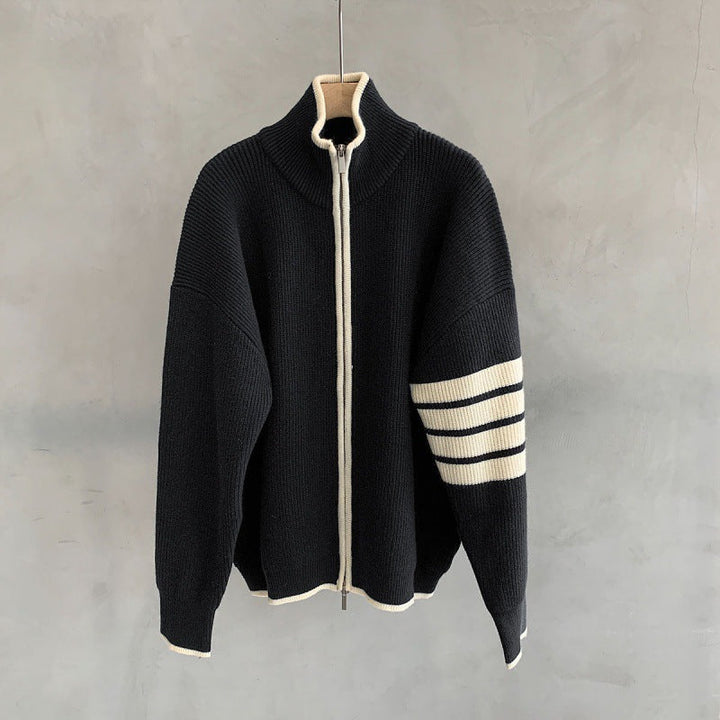 Men's zip-up sweater with modern striped sleeves, ideal for stylish casual wear and modern fashion.