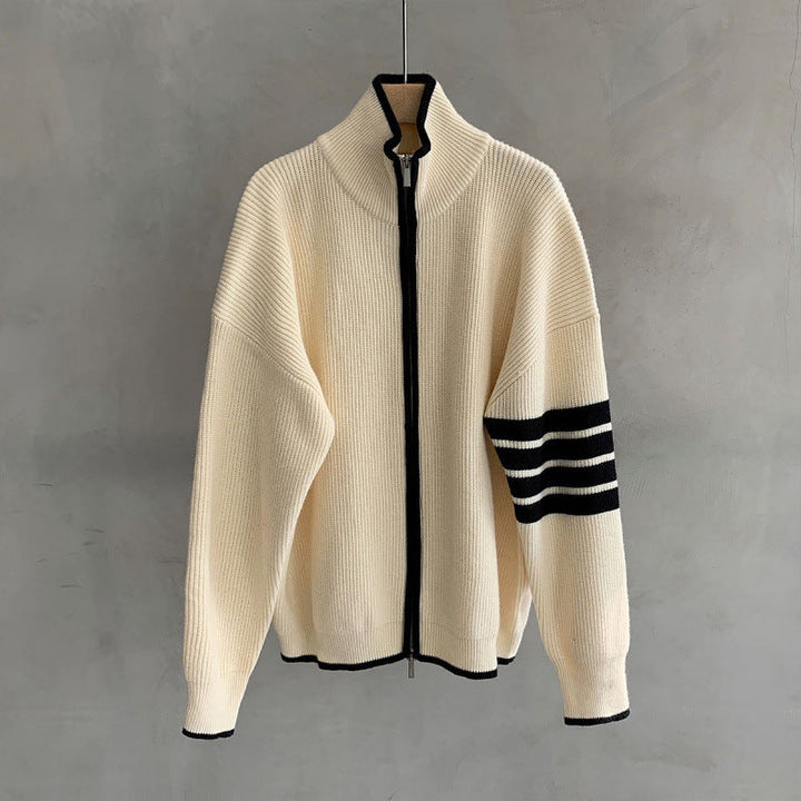 Comfortable men's zip-up sweater featuring trendy striped sleeves, versatile for everyday style.
