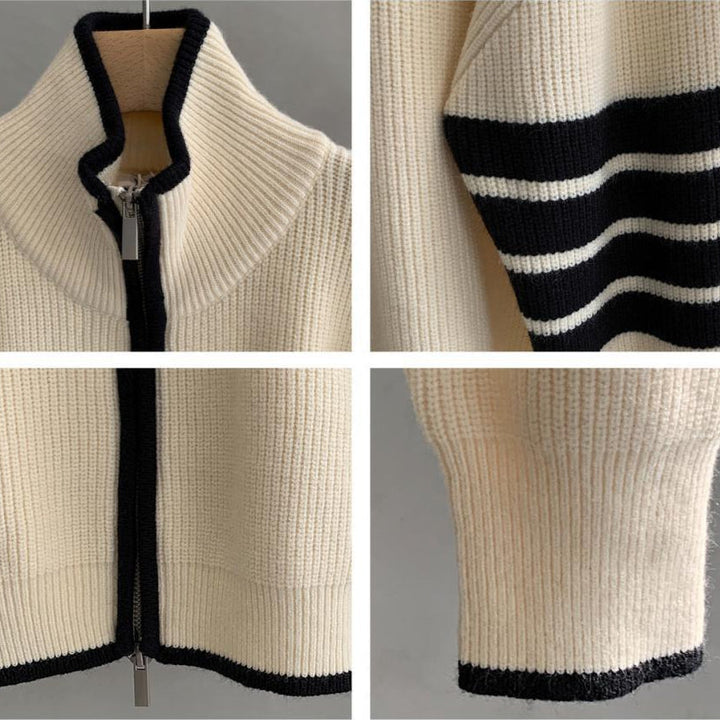 Modern men's fashion zip-up sweater, distinct striped sleeve design, offering versatile styling.