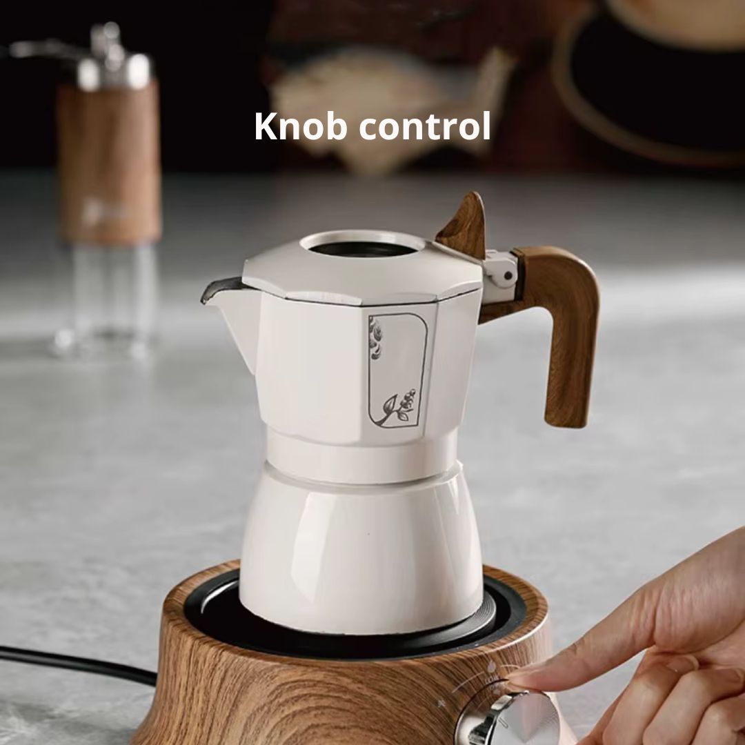 Mini electric hot plate featuring an easy-to-use dial for precise temperature adjustments.