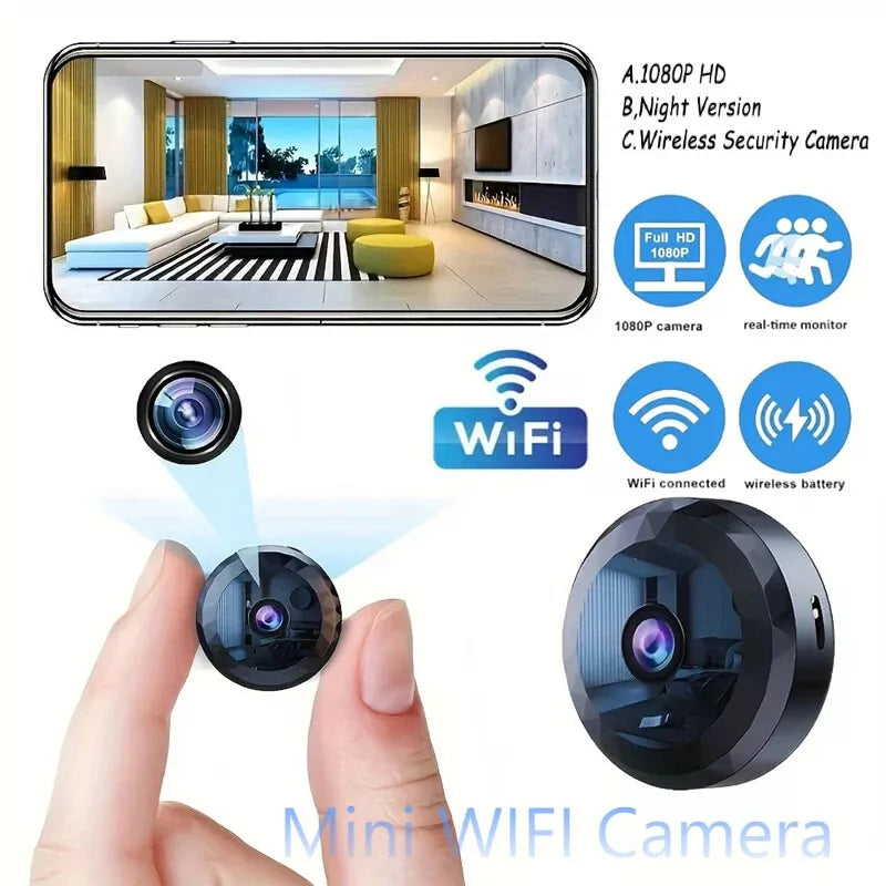 Wireless mini WiFi camera for home security, featuring motion detection alerts.
