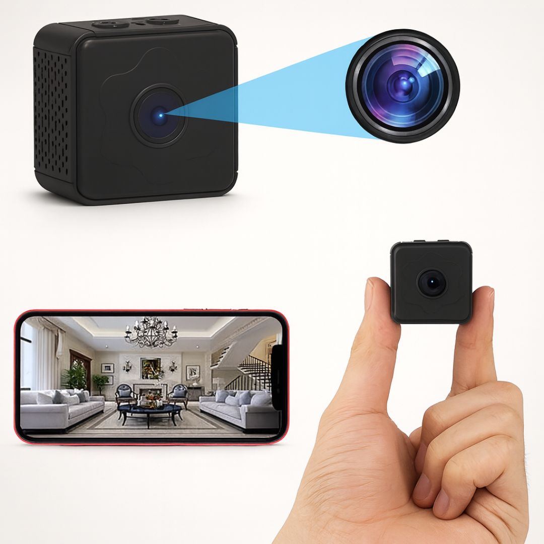 Mini wireless security camera for home surveillance with night vision and motion alerts.