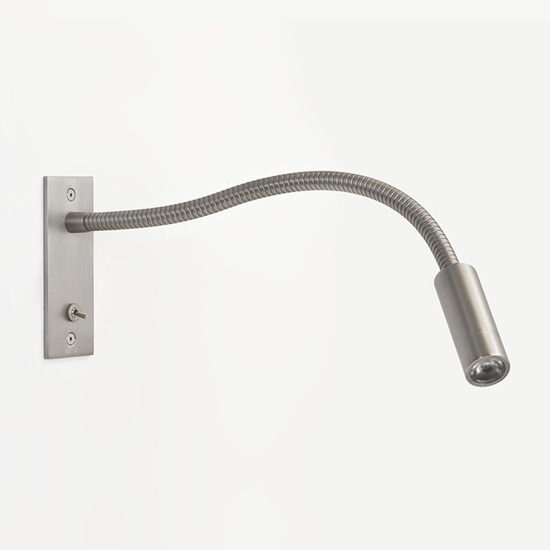 Sleek minimalist metal wall lamp with adjustable LED spotlight, perfect for bedroom reading.