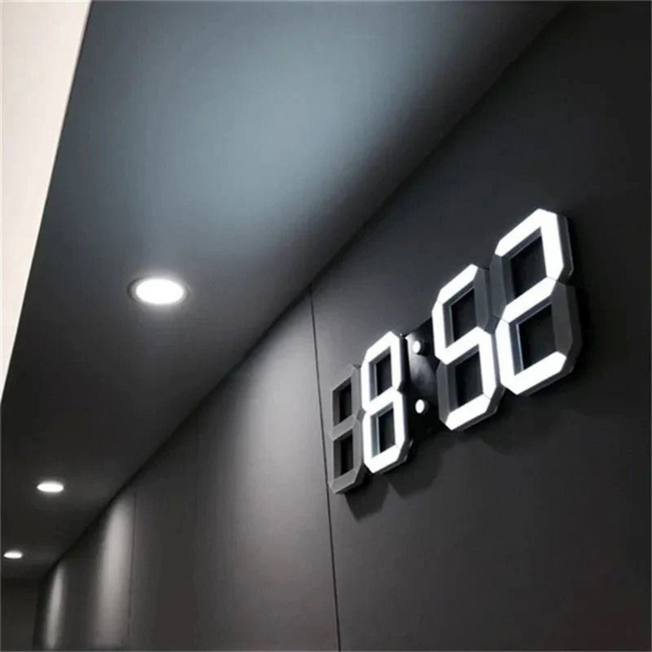 Minimalist LED wall clock showing time, date & temperature. Modern digital smart clock for home or office.