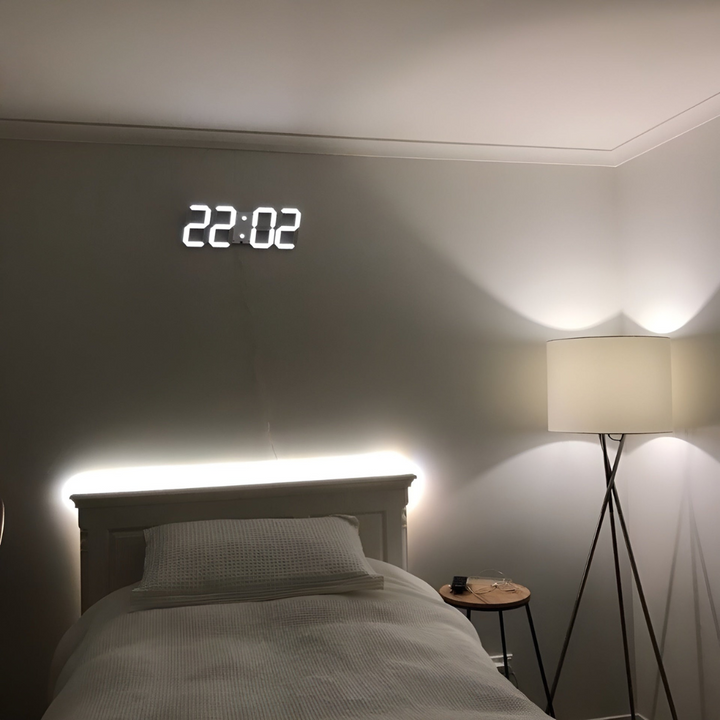 Futuristic LED wall clock; sleek, minimalist design. Modern digital time display for contemporary home decor.