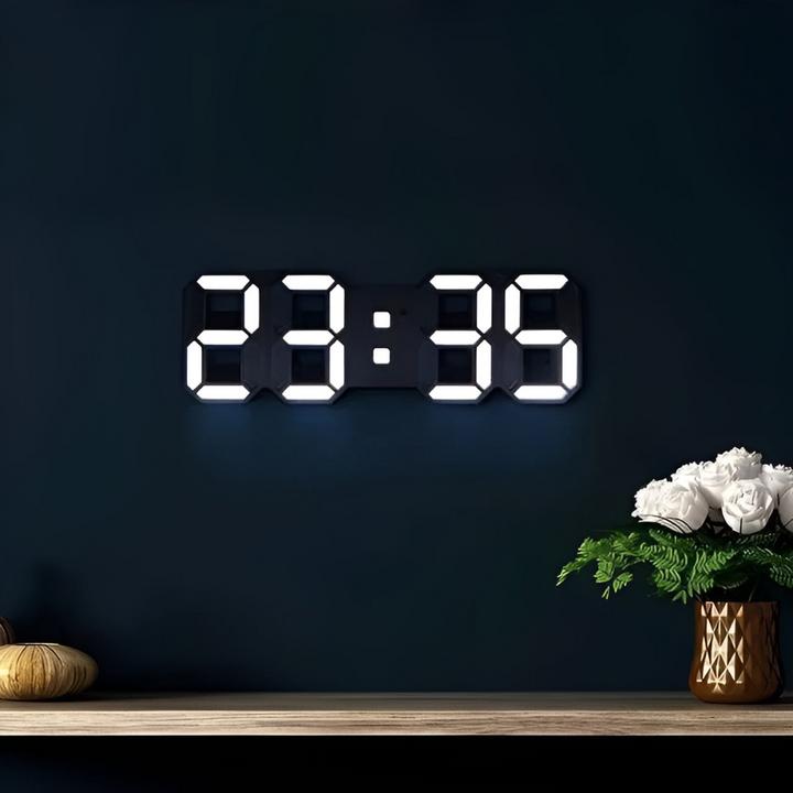 Smart digital LED wall clock with bright display. Modern minimalist design, perfect for tech-savvy home decor.