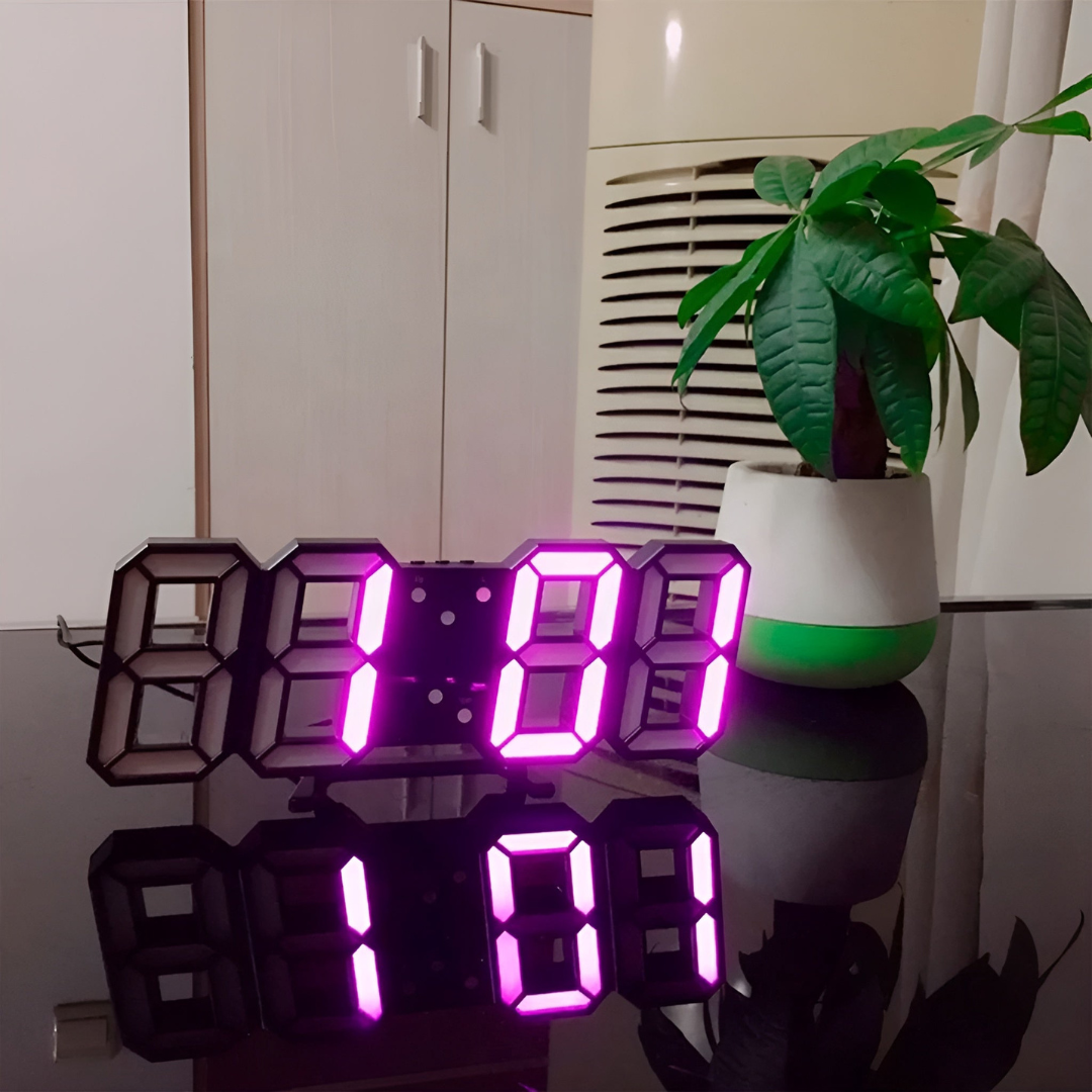 Modern LED wall clock with smart digital display: time, date, temperature, and alarm. Minimalist office decor.