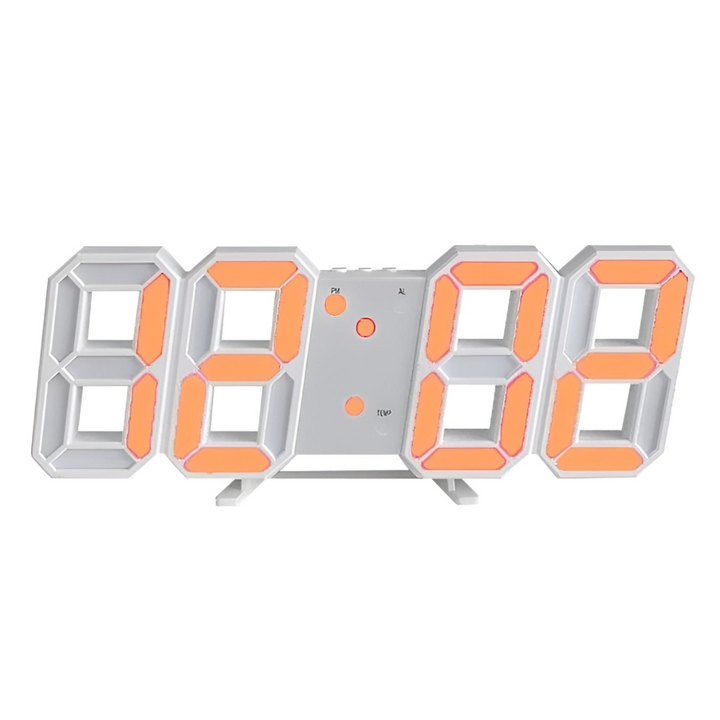 Clear digital display on a minimalist LED wall clock. Modern smart clock showing time & date for easy readability.