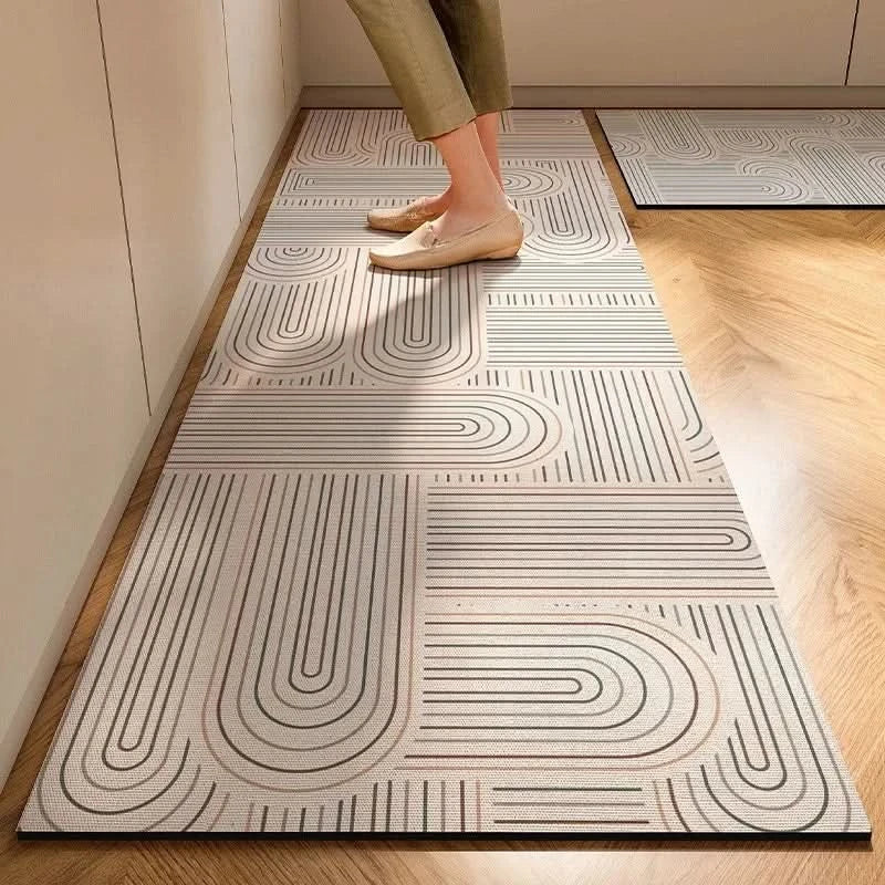 Modern minimalist kitchen mat providing anti-fatigue relief and safety.