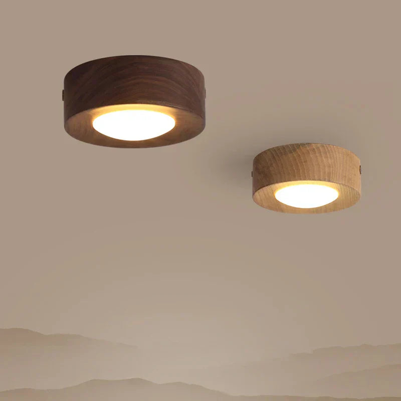 Energy-efficient LED round ceiling light with a beautiful natural walnut wood finish