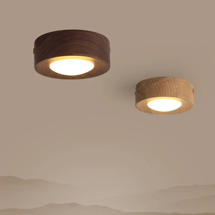 Energy-efficient LED round ceiling light with a beautiful natural walnut wood finish