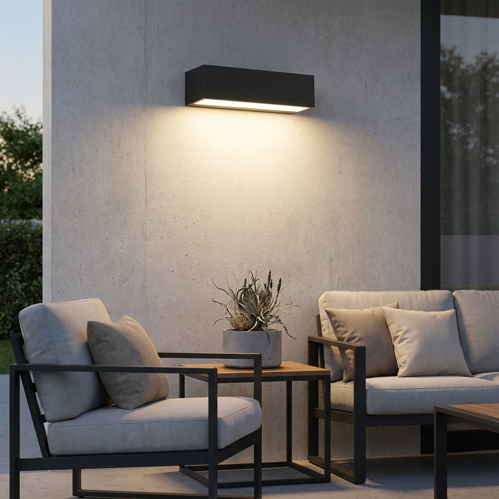 Modern black solar LED wall light, IP65 rated, ideal for exterior garden and patio lighting.