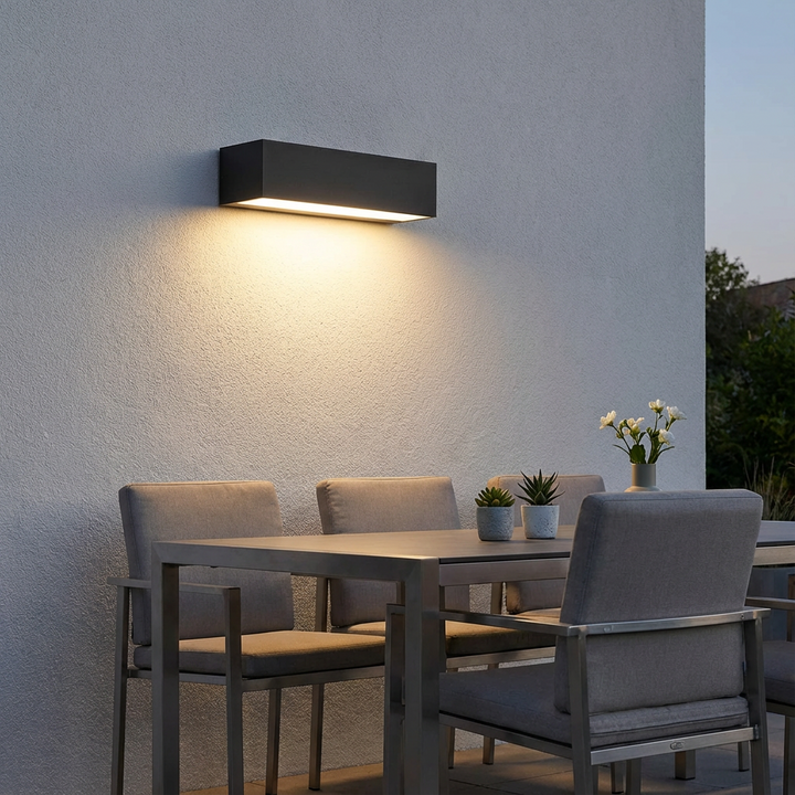 Durable IP65 waterproof solar LED outdoor wall lamp with a sleek minimalist design for facade lighting.