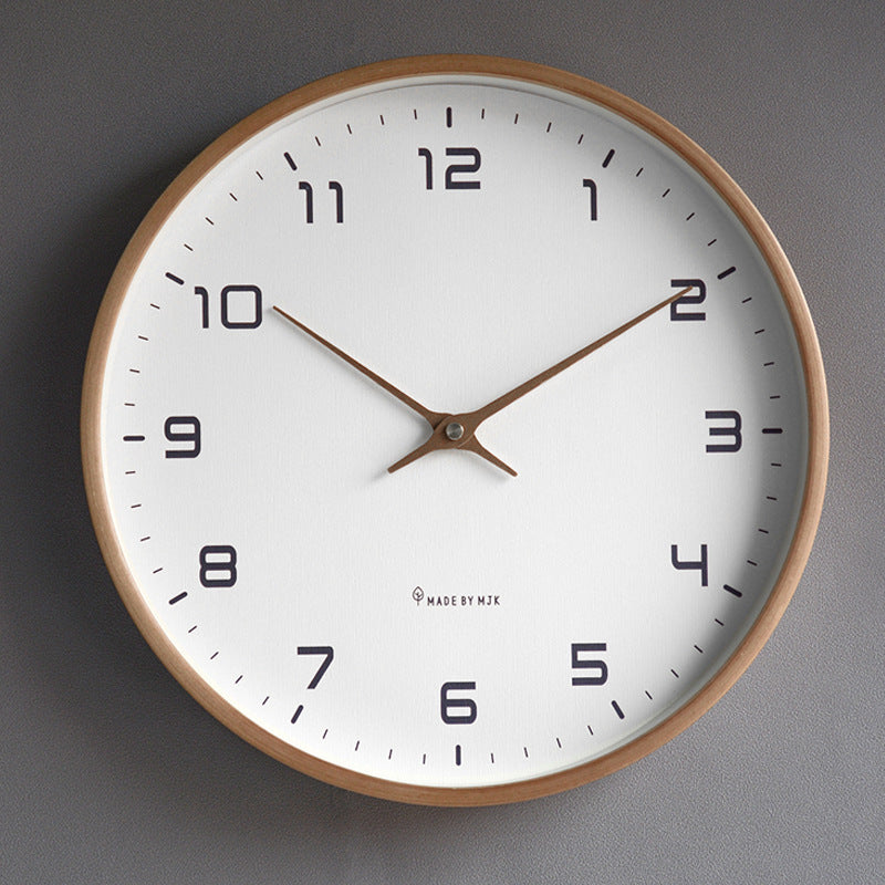 Clear face wall clock with natural wood frame, scandinavian style