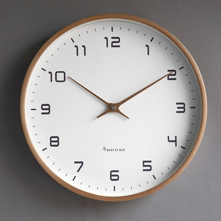 Clear face wall clock with natural wood frame, scandinavian style