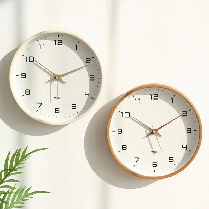 Minimalist wooden wall clock, silent & modern Nordic design for living room or kitchen decor.