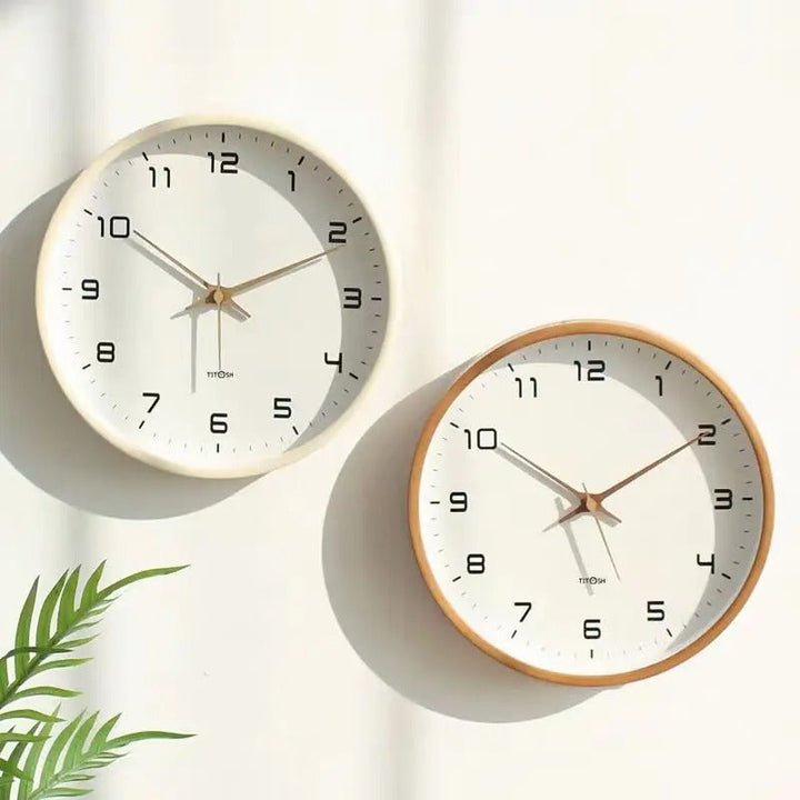 Minimalist wooden wall clock, silent & modern Nordic design for living room or kitchen decor.