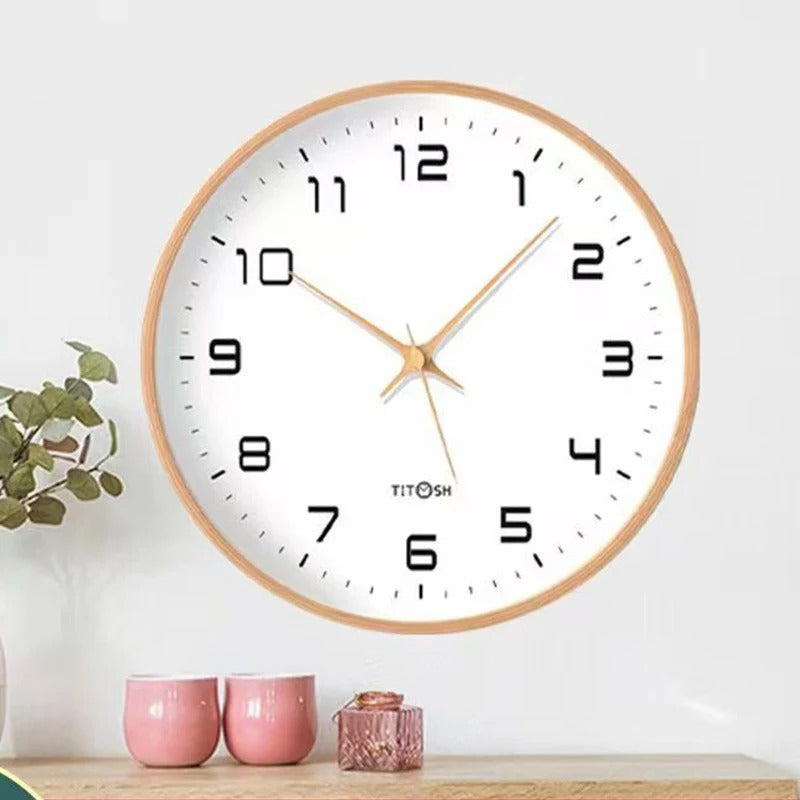 Minimalist Nordic wooden wall clock. Silent, modern home decor accent for a stylish living space.