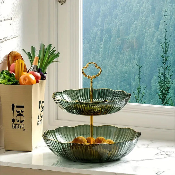 Modern 2-tier countertop fruit basket, perfect for kitchen organization & elegant produce display.
