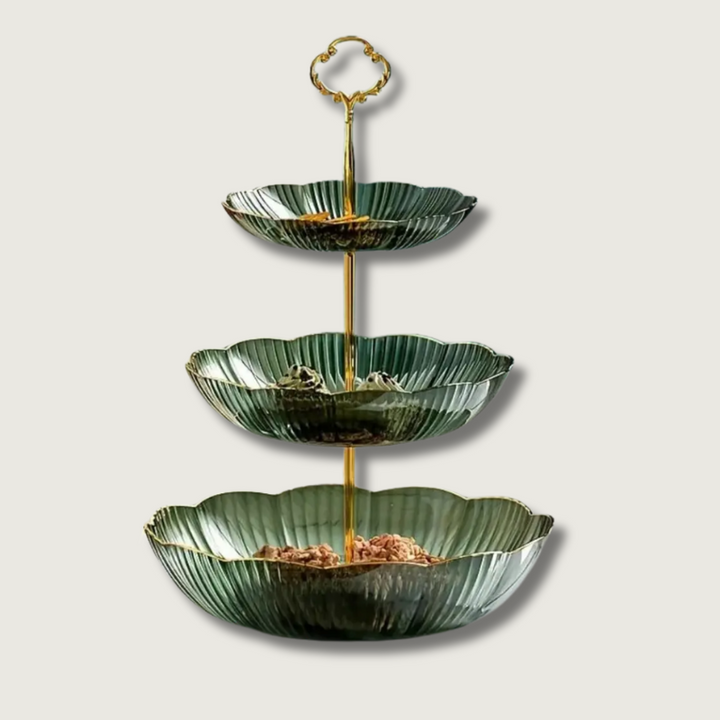 Stylish 3-tier fruit and vegetable storage basket, ideal for modern kitchen countertops and food display.