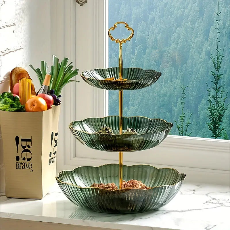 Multi-tier fruit organizer for kitchen. Elegant design, great for vegetables, snacks, and countertop storage.