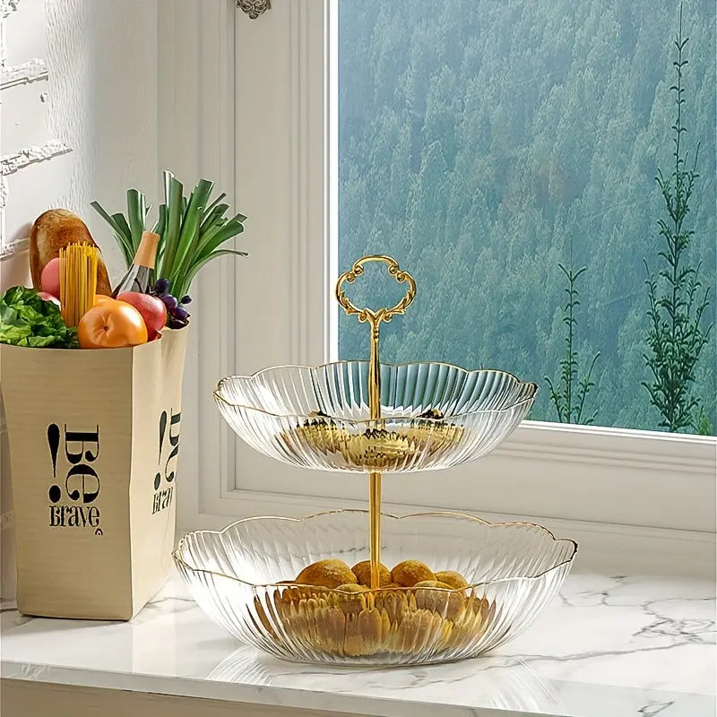 Elegant 2-tier fruit & vegetable display basket. Ideal for modern home decor, kitchen organization, and food.
