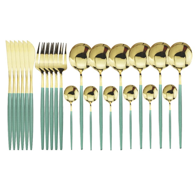 Modern 24-piece flatware set for 6, elegant stainless steel cutlery for kitchen dining.