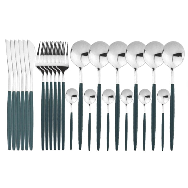 Gold finish 24-piece modern flatware set, elegant cutlery for 6 dining guests.