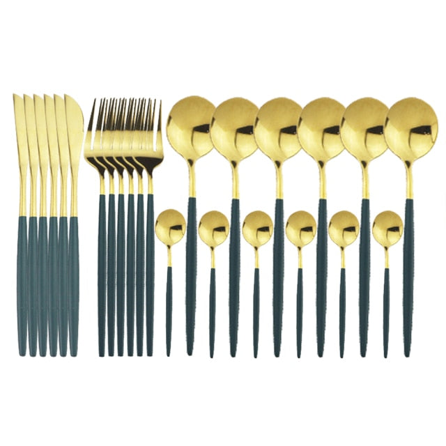 Silver tone 24-piece flatware set, modern design, service for 6, home decor.
